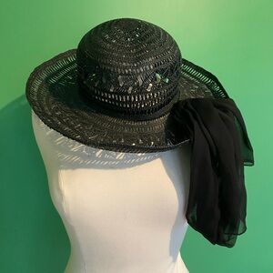 DAVID 100% Paglia made in Italy Black Straw Sun Hat with Sheer Scarf